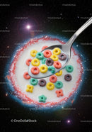 Colorful cereal spoon with milk against galaxy background