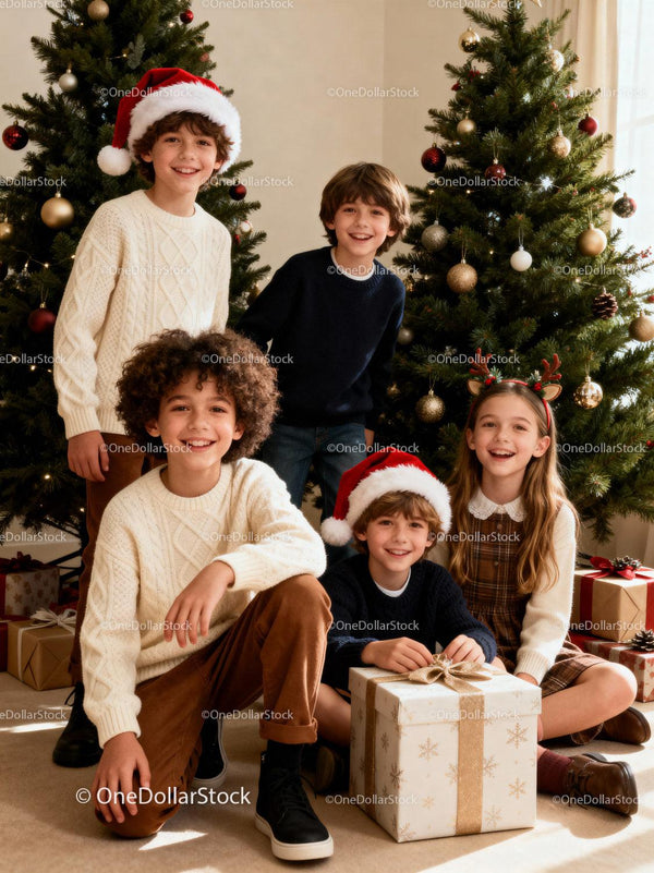 Group of joyful children celebrating Christmas indoors