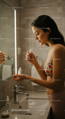 Young Woman Applying Eye Drops in Bathroom for Skincare Routine