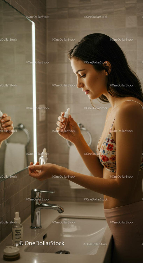 Young Woman Applying Eye Drops in Bathroom for Skincare Routine