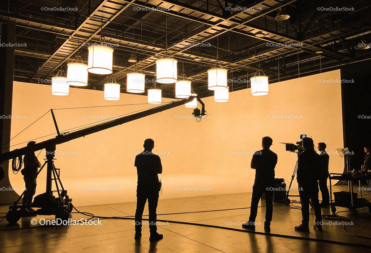 Creative team filming on illuminated studio set