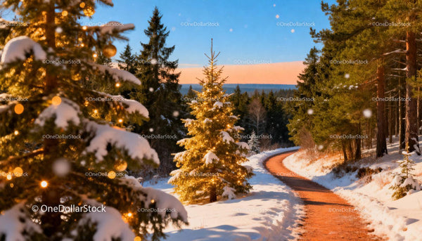 Sunlit Winter Pathway with Festive Snowy Pine Trees