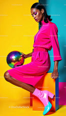 Vibrant Fashion Photo of a Woman with Disco Ball Against Colorful Background