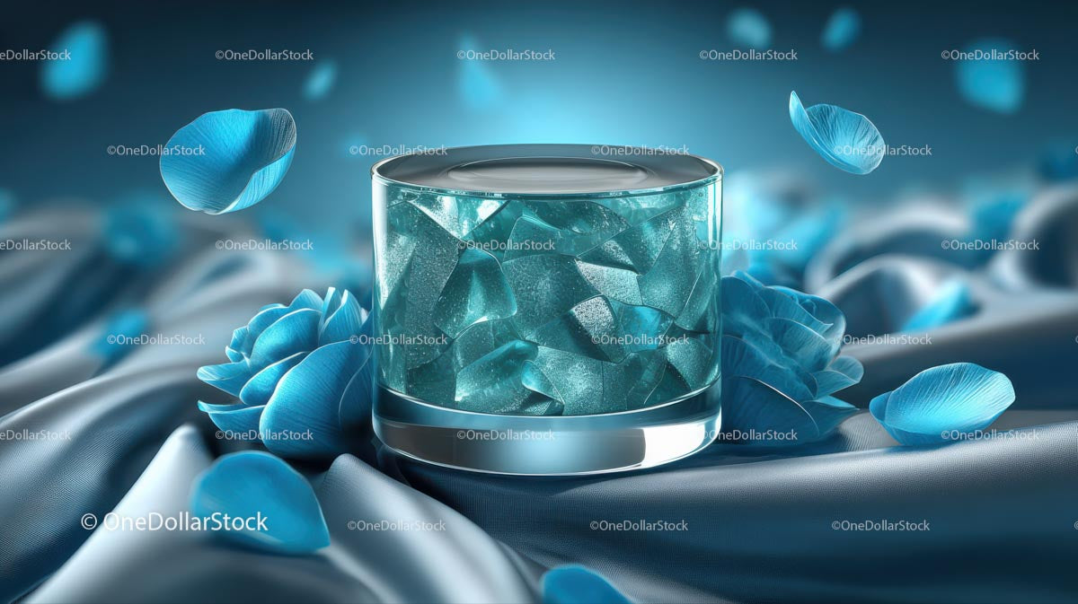 Luxury Blue Cosmetic Jar Surrounded by Elegant Floral Accents