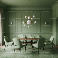 Elegant Green Dining Room with Modern Chandelier and Upholstered Chairs
