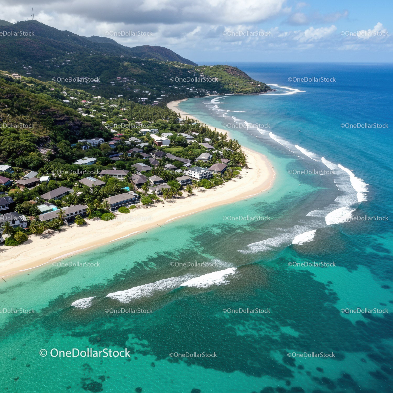 Idyllic Tropical Beach with Turquoise Waters and Lush Green Hills