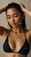 Young Woman Relaxing in Black Bikini Top with Wet Hair and Calm Expression
