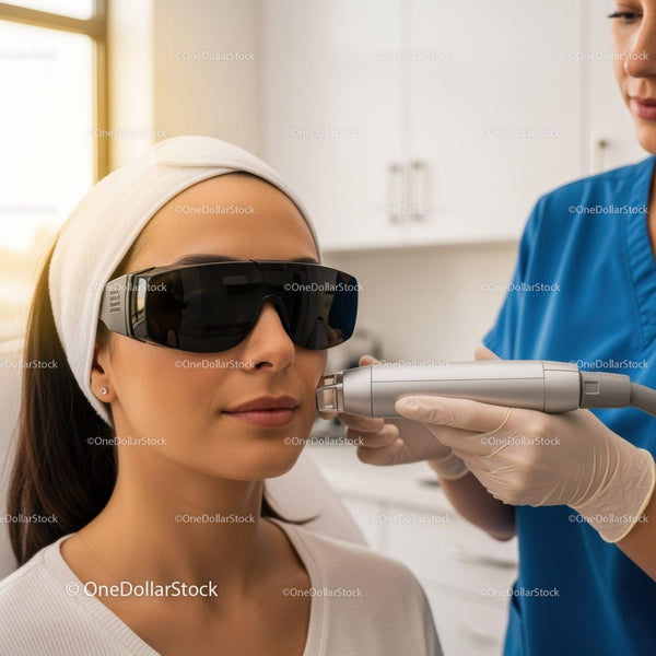 Kobieta poddająca się laserowemu zabiegowi na twarz w nowoczesnej klinice