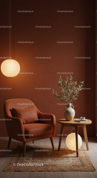 Cozy leather armchair with warm lighting and plant