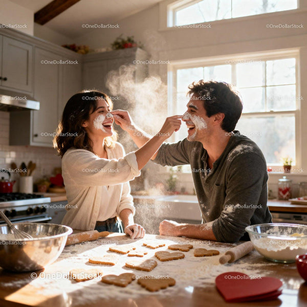 Young couple playfully baking heart shaped cookies at home