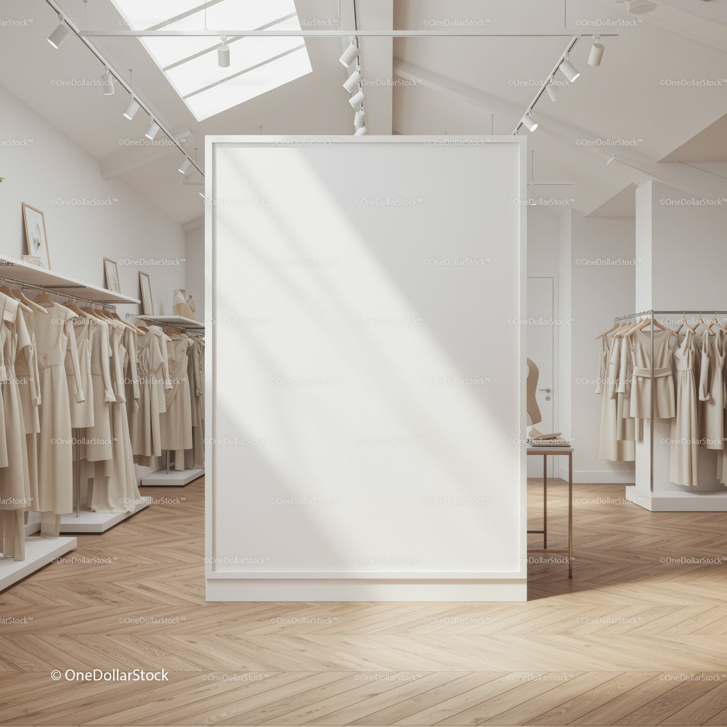 Minimalist fashion boutique interior with blank wall panel