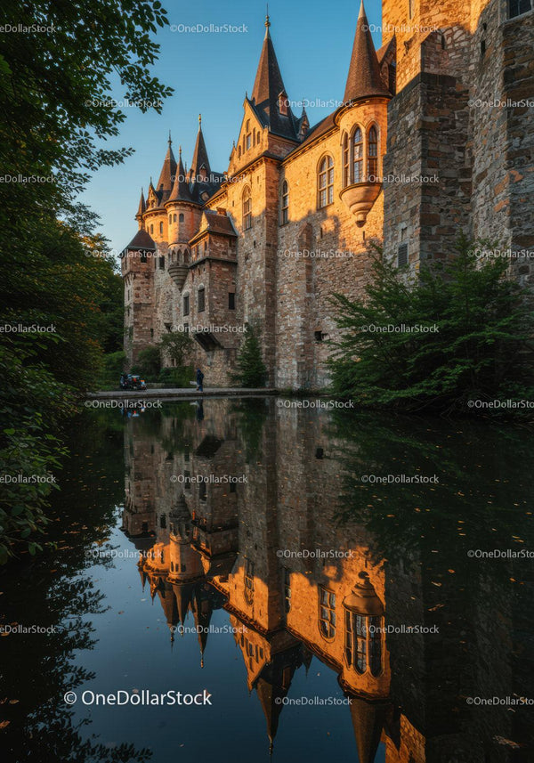 Historic Medieval Castle with Turrets Reflecting in Water