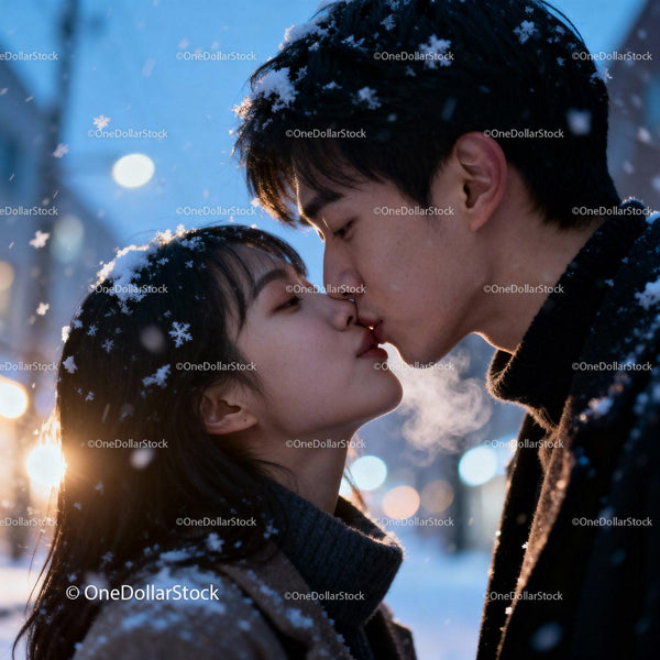 Couple sharing a tender kiss in snowy urban evening