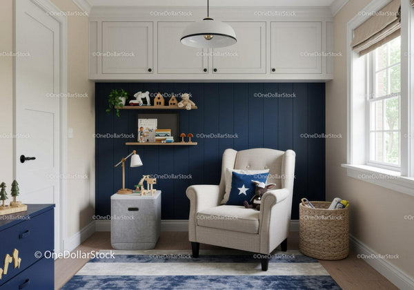 Cozy Kids Bedroom with Navy Blue Wall and Kids Toys