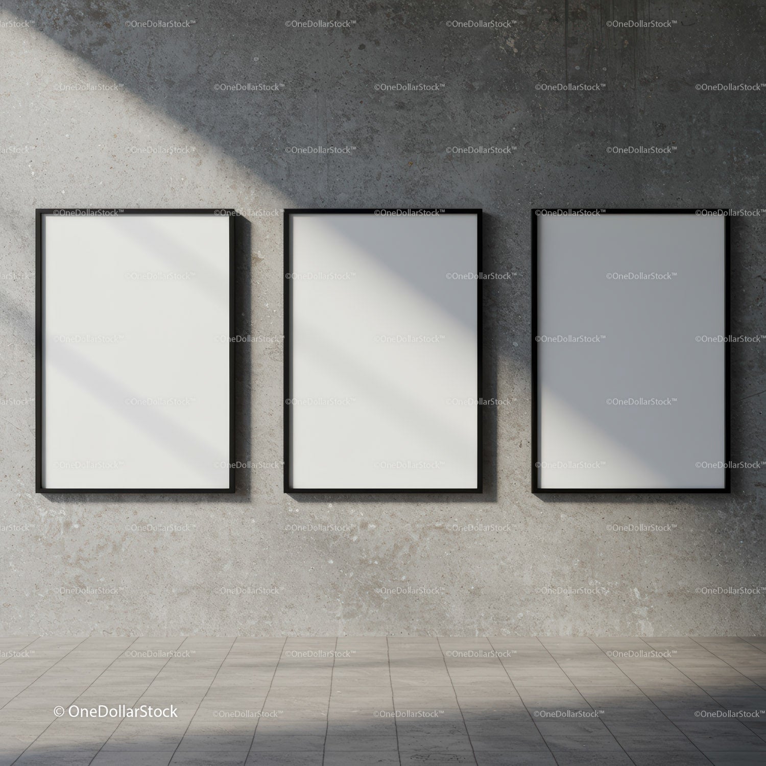 Minimalist blank frames on textured concrete wall