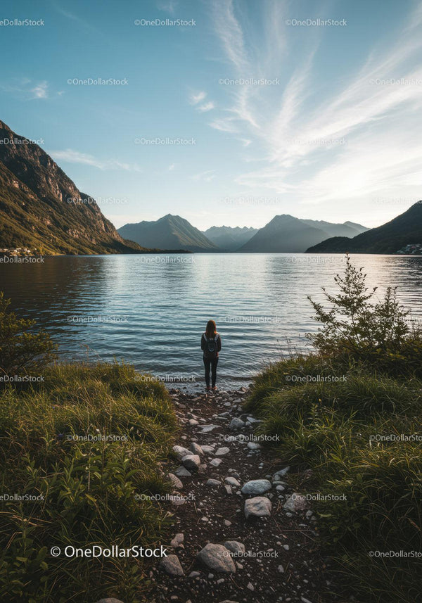 Serene woman standing on rocky lakeside trail with majestic mountains