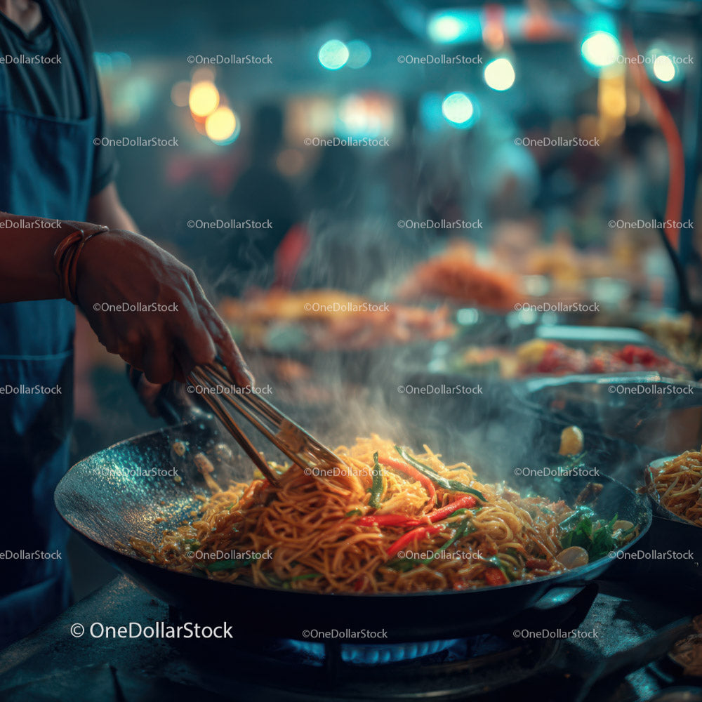 Street food vendor cooking stir-fry noodles at night market