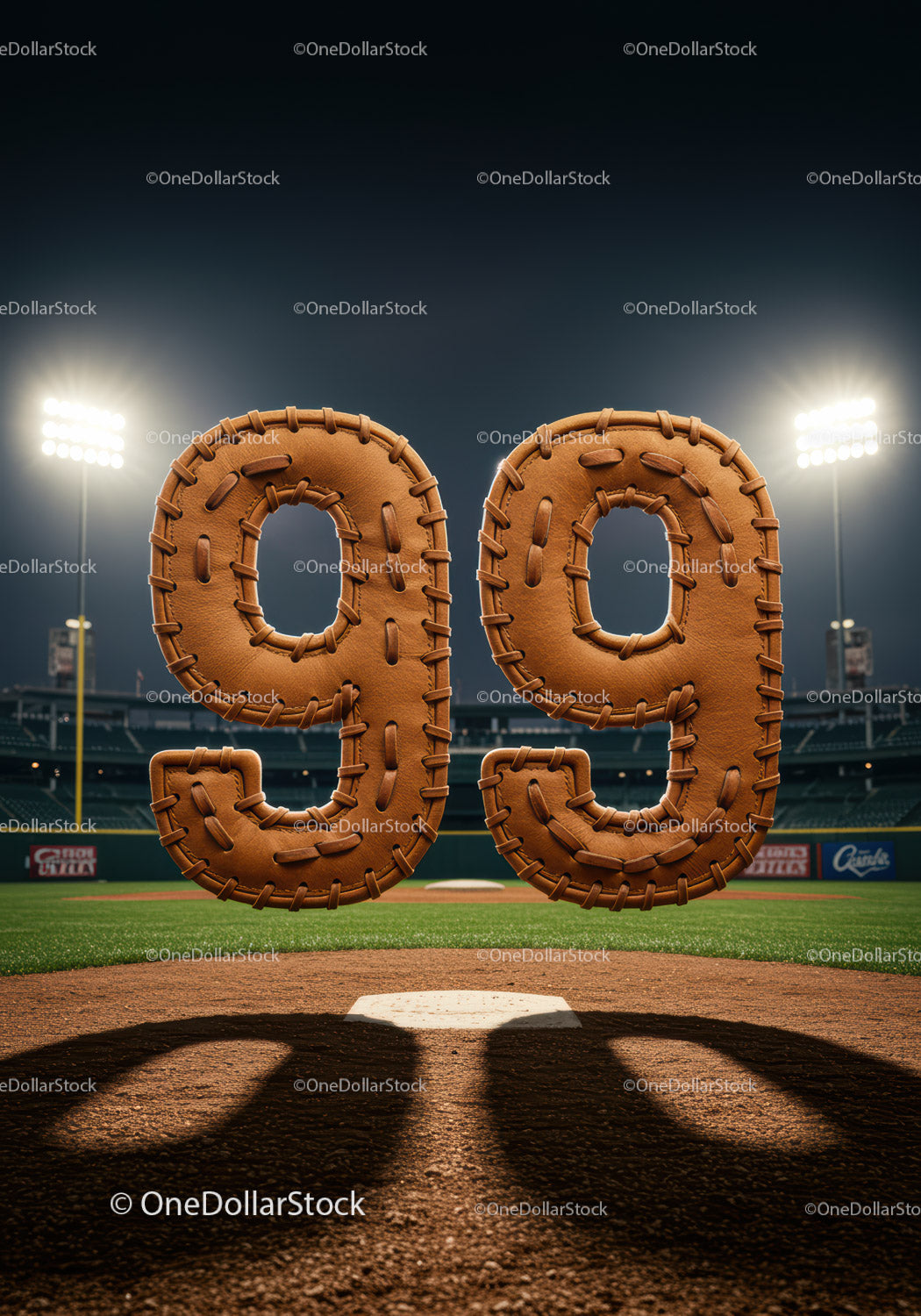 Leather stitched numbers 99 on baseball field at night