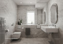 Modern Marble Bathroom with Stylish Oval Mirrors and Natural Light