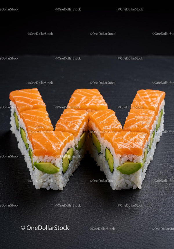 Salmon and avocado sushi shaped as letter W on dark slate