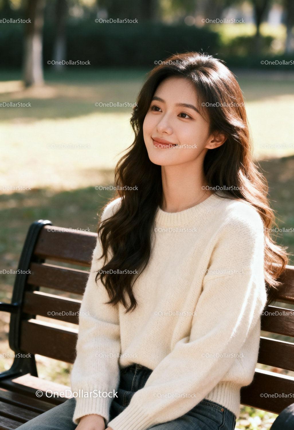 Young woman enjoying peaceful moment on park bench