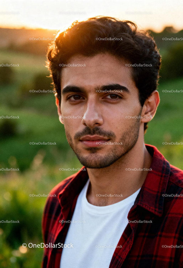 Young man with thoughtful look during golden hour