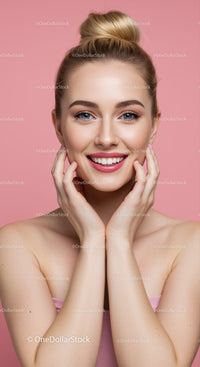Vibrant Young Woman Smiling Portrait Nude Pink Background
