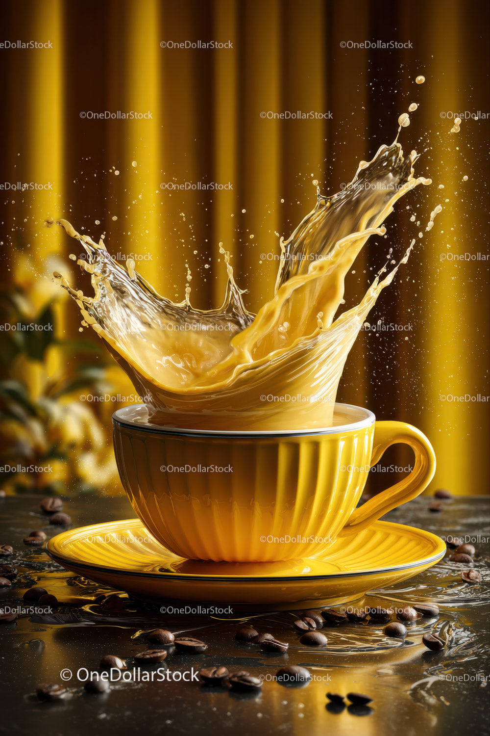 Vibrant Yellow Coffee Cup with Splashing Coffee and Beans