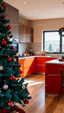Modern kitchen with festive Christmas decorations and tree