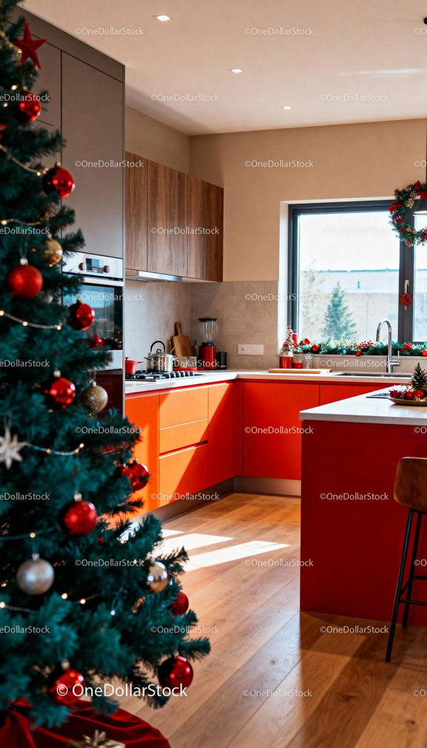 Modern kitchen with festive Christmas decorations and tree