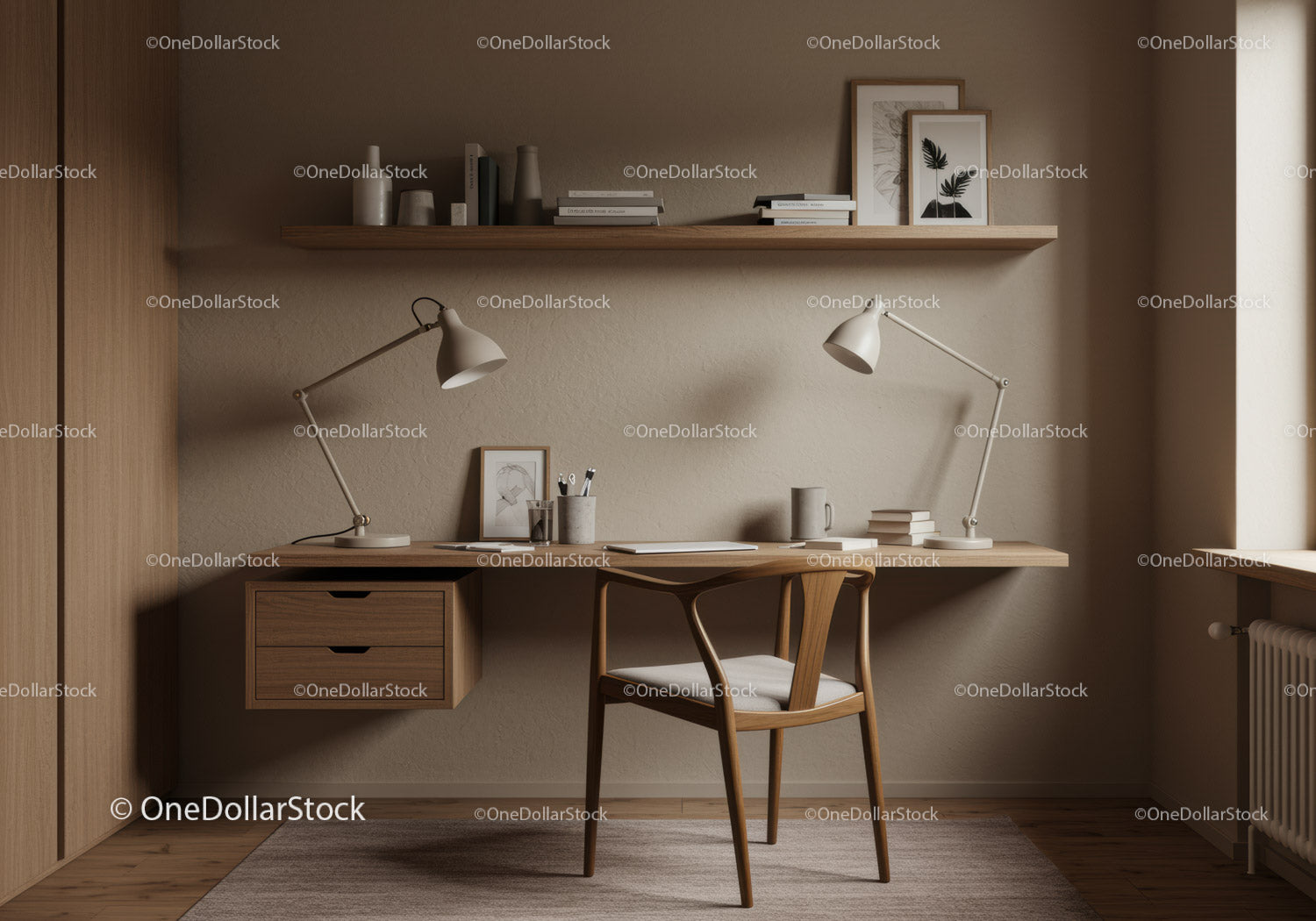 Minimalist Wooden Desk Setup with Two Adjustable Lamps