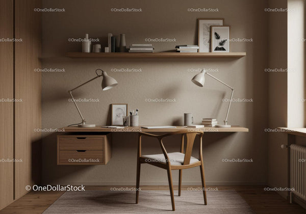 Minimalistyczne Drewniane Biurko z Dwoma Regulowanymi Lampami
