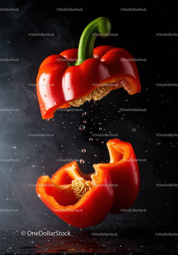 Fresh Red Bell Pepper Split with Water Droplets