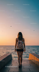 Young woman with backpack walking towards ocean sunset
