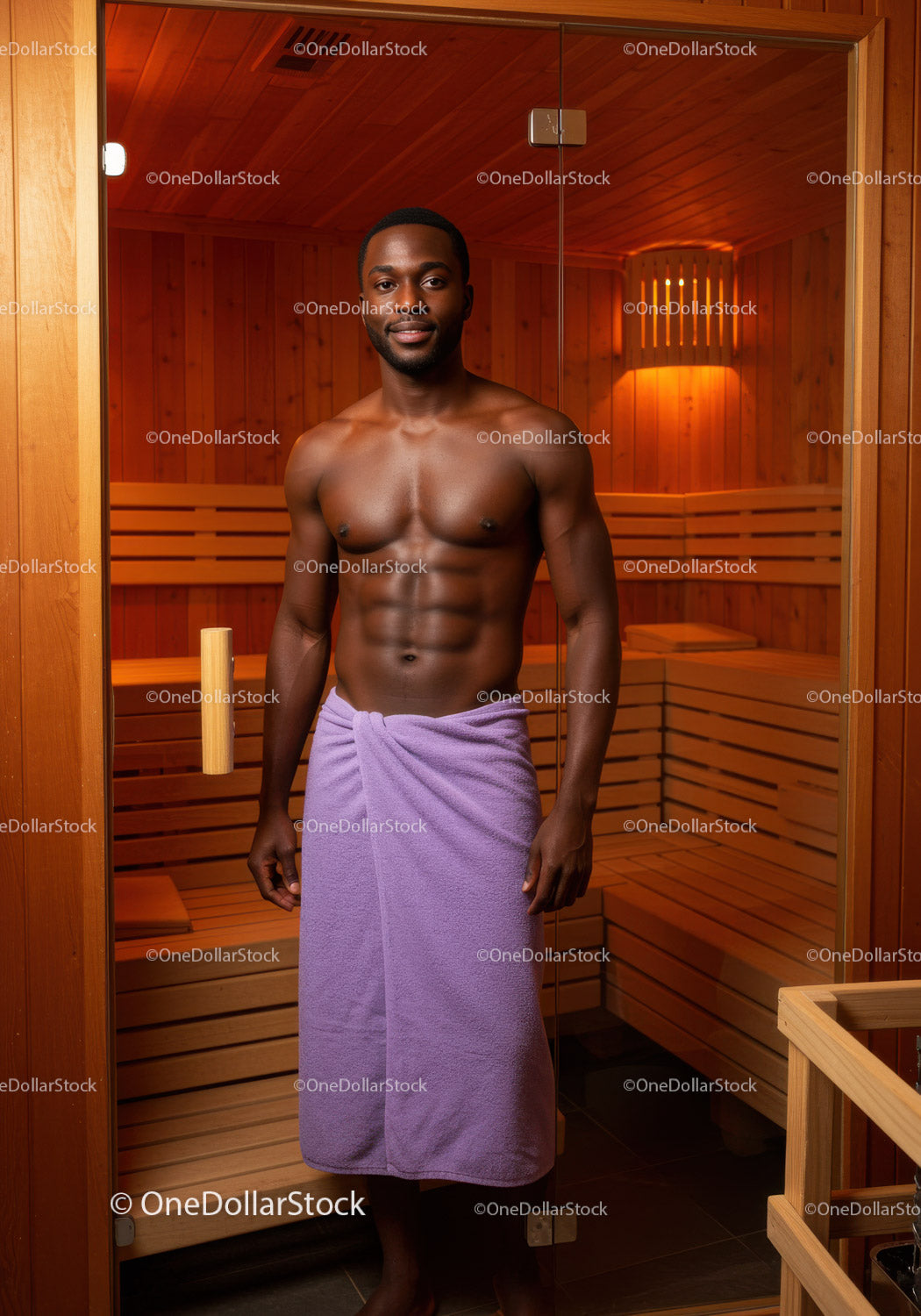 Healthy Man in Towel Relaxing in Sauna Interior with Wooden Design