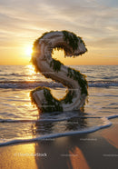Wooden Letter S Adorned with Greenery on Seashore at Sunset