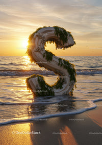 Wooden Letter S Adorned with Greenery on Seashore at Sunset