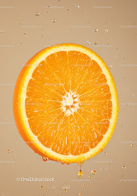 Fresh orange slice dripping juice with water droplets