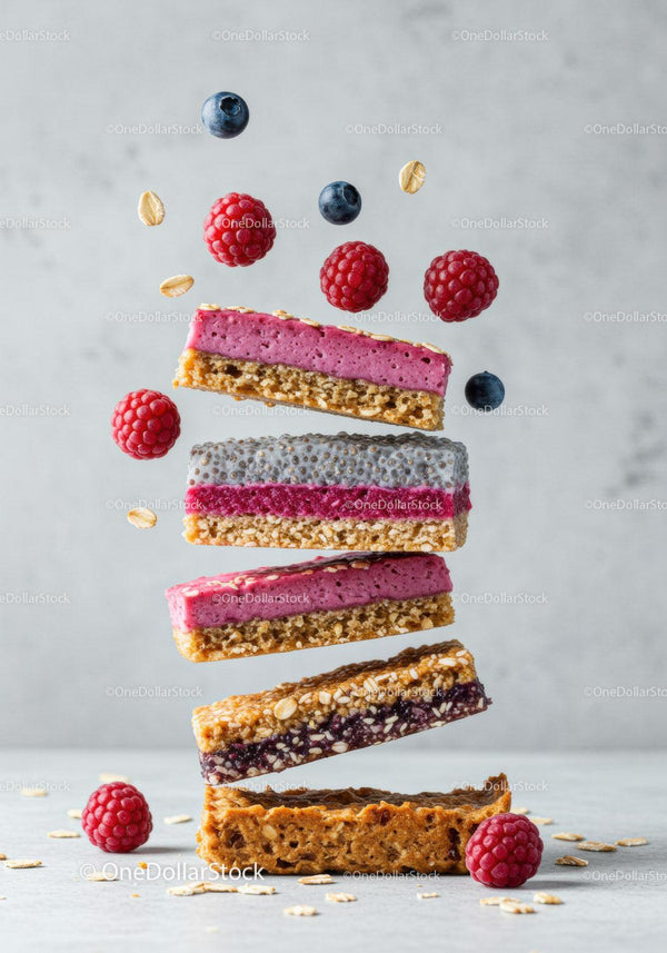 Stack of healthy oat bars with berries and chia seeds
