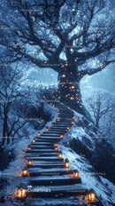 Enchanted Snowy Forest with Illuminated Staircase and Large Tree