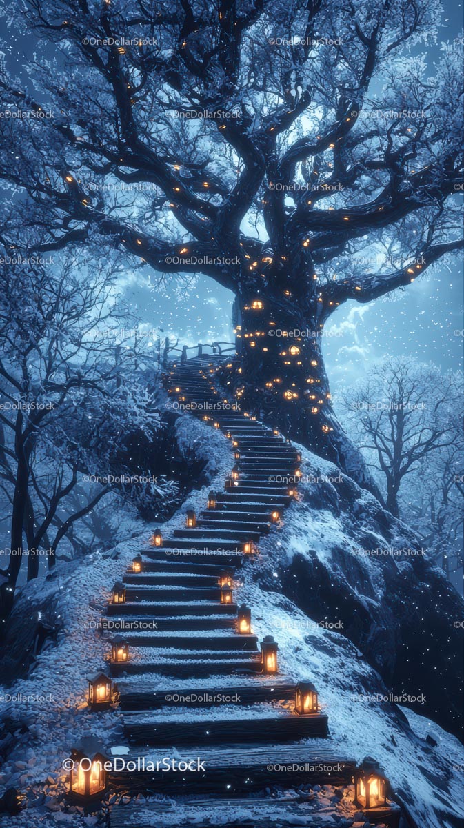 Enchanted Snowy Forest with Illuminated Staircase and Large Tree