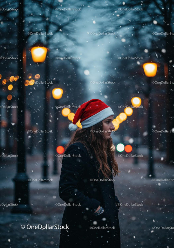 Young woman in Santa hat walking through snowy streetlights