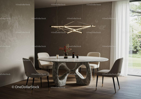 Modern Dining Room with Marble Table and Unique Chandelier
