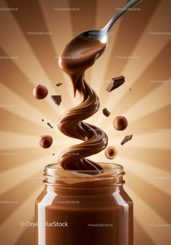 Swirling hazelnut chocolate spread pouring from spoon