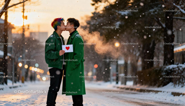 Couple Sharing a Kiss on Snowy Winter Evening