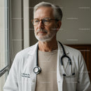 Senior Male Doctor Wearing Glasses with Stethoscope in Clinical Setting
