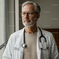 Senior Male Doctor Wearing Glasses with Stethoscope in Clinical Setting