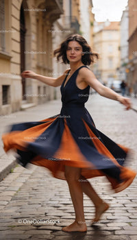 Young barefoot woman twirling in stylish city dress