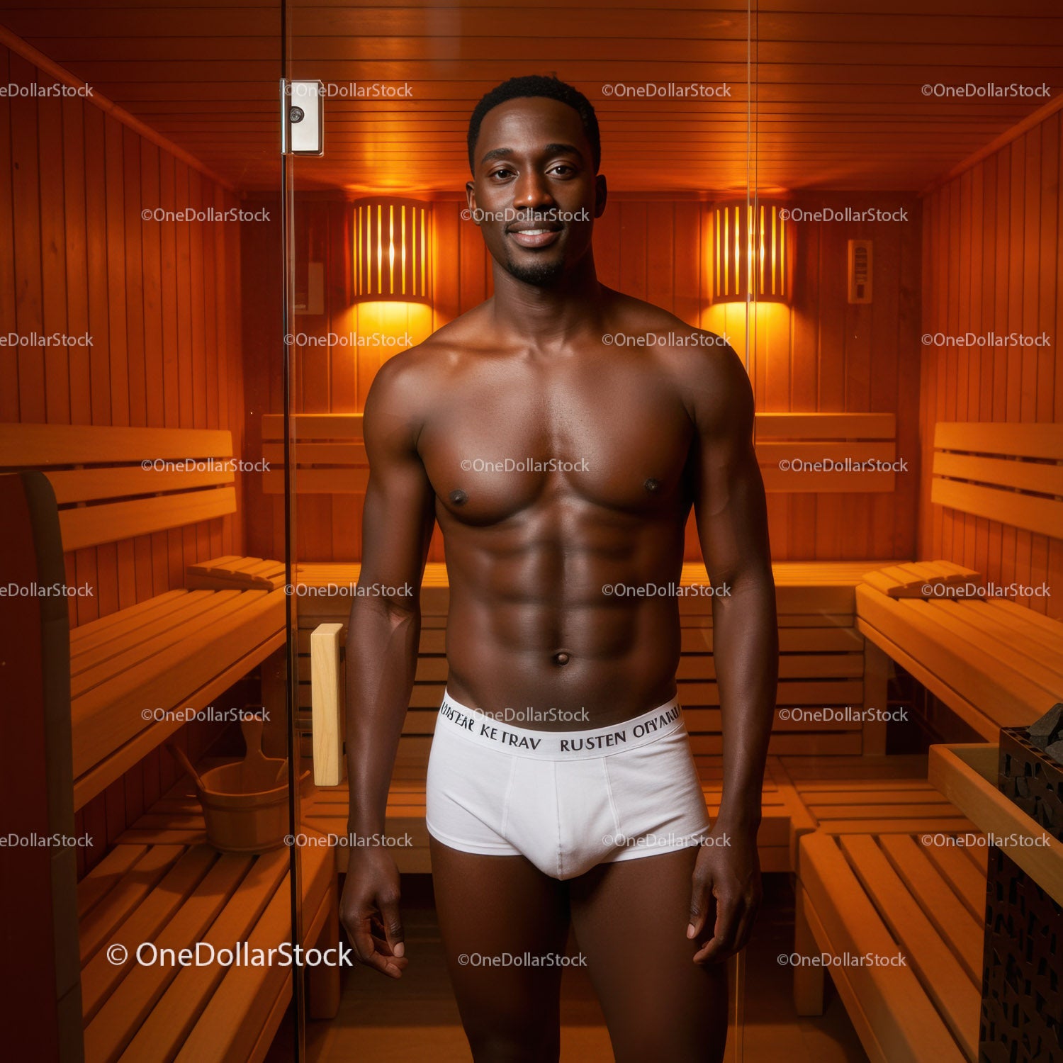 Muscular Man Standing Inside Sauna with Wooden Interior and Soft Lighting