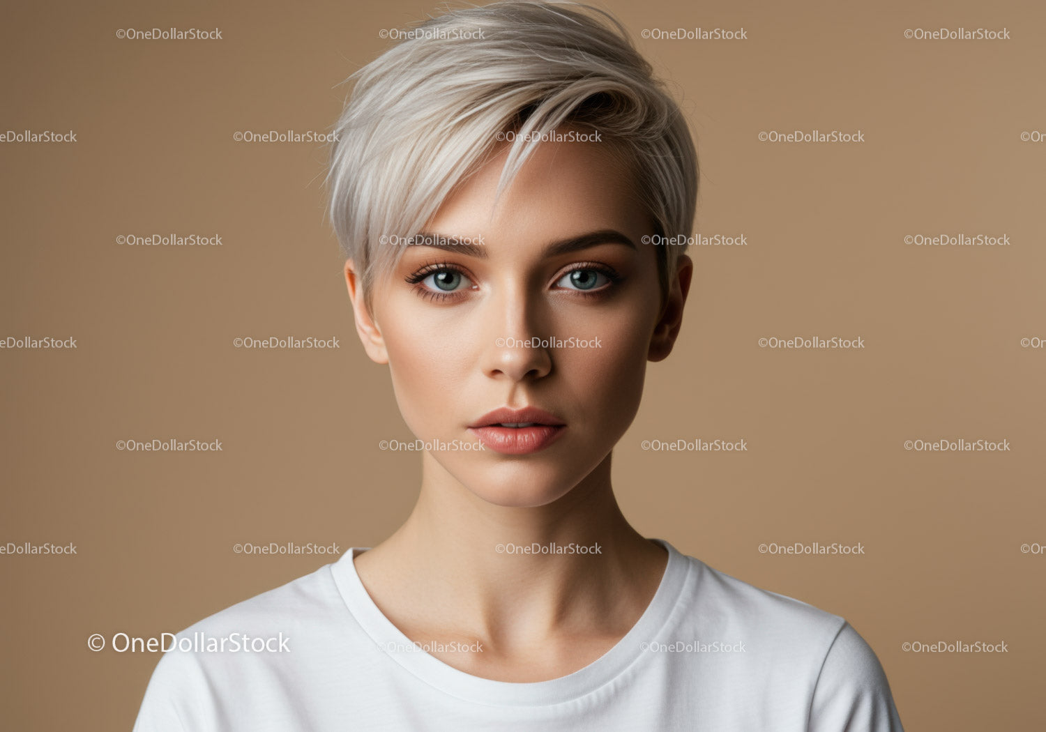 Piękna kobieta o krótkich platynowych blond włosach i niebieskich oczach